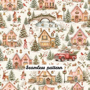Op de afbeelding: Een naadloos patroon met een winterse dorpsscène met roze huizen, besneeuwde dennenbomen, een stenen brug over een vijver met eenden, een rode pick-up truck, herten en mensen in winterkleding. De tekst Seamless pattern is zichtbaar.