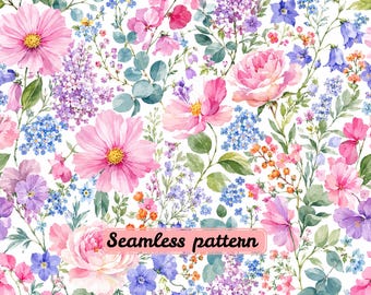 Patrón floral continuo Bright Cottage Garden JPG | Repetición de flores silvestres Cosmos en acuarela para diseño de telas