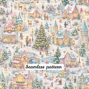 Naadloos patroon van een pastelkleurig kerstdorp, speelse winterwonderlandstof, aquarel vakantie cottagecore, katoenen print voor kerstquilts