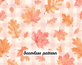 Papel digital JPG con estampado sin costuras de hojas de otoño en acuarela rosa a cuadros.