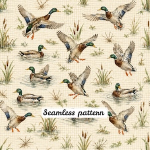May include: A seamless pattern featuring mallard ducks in various poses, including flying and swimming, interspersed with cattails and aquatic plants against a light beige checkered background. The text Seamless pattern is centered.