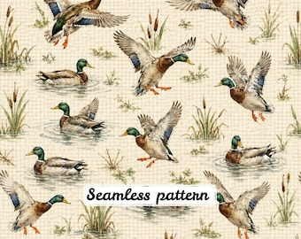 May include: A seamless pattern featuring mallard ducks in various poses, including flying and swimming, interspersed with cattails and aquatic plants against a light beige checkered background. The text Seamless pattern is centered.