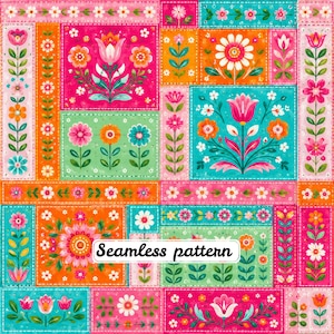 Pode incluir: Um padrão sem costuras de estilo patchwork colorido com vários blocos retangulares preenchidos com ilustrações florais em tons de rosa, laranja, verde e azul-petróleo. O design inclui tulipas, margaridas e caules com folhas, com o texto Seamless pattern.
