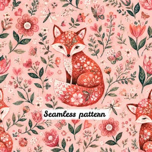 Peut inclure: Un motif répétitif présentant une illustration centrale de renard ornée de motifs floraux blancs sur un fond rose pâle. Le design inclut diverses fleurs, papillons et libellules, avec le texte Seamless pattern au centre.