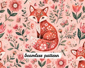Patrón sin costuras de zorro folclórico escandinavo JPG, diseño textil floral de animales del bosque en acuarela