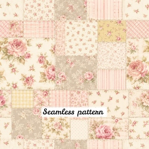 May include: A seamless pattern featuring a patchwork design of rectangular blocks with various floral prints, pink roses, and striped motifs in shades of cream, beige, and soft pink. The text Seamless pattern is centered on the image.