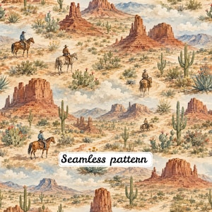 Op de afbeelding: Een naadloos patroon met een aquarel woestijnlandschap met rode rotsformaties, diverse groene cactussen en meerdere figuren te paard op zanderig terrein. De tekst Seamless pattern is in het zwart op een witte achtergrond gedrukt.