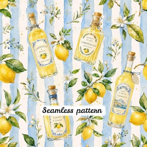 Pode incluir: Um padrão contínuo com garrafas de vidro de limoncello amarelo, limões amarelos brilhantes, folhas verdes e flores brancas sobre um fundo de listras verticais azul-claras. O texto Seamless pattern está centralizado em preto.