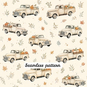 May include: A seamless pattern featuring watercolour illustrations of vintage cream-coloured pickup trucks carrying various pumpkins in their beds, interspersed with scattered autumn leaves and foliage on a light beige background.