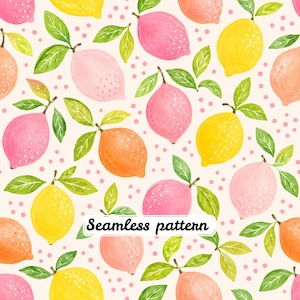 Pastel Lemon Seamless Pattern JPG, Watercolor Citrus Fruit Repeat, Pink Yellow Summer Fabric Design