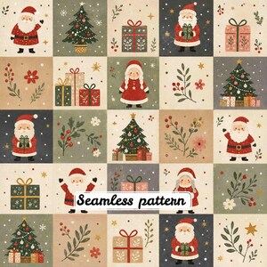 Pode incluir: Um padrão contínuo apresentando uma grade de ilustrações com tema natalino, incluindo o Papai Noel, pinheiros decorados, caixas de presente e ramos de azevinho e bagas nas cores vermelho, verde e creme com o texto Seamless pattern.