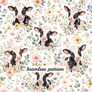 Könnte beinhalten: Ein nahtloses Muster mit schwarz-weißen Kälbern, durchsetzt mit aquarellartigen rosa und gelben Blumen, grünen Blättern und kleinen Zweigen auf weißem Grund. Der Text Seamless pattern ist mittig im Bild platziert.
