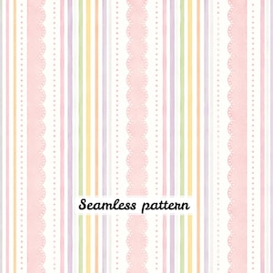 Pode incluir: Um padrão sem costuras com riscas verticais em tons pastel de rosa, amarelo e roxo. O design inclui faixas cor-de-rosa recortadas, linhas sólidas finas e linhas pontilhadas sobre um fundo branco. O texto Seamless pattern é visível.