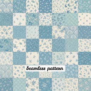 Könnte beinhalten: Ein Raster aus quadratischen Kacheln mit einer Vielzahl von blau-weißen Blumen-, Damast- und Streifenmustern. Das Design ist in einem Patchwork-Layout mit abwechselnden hellen und dunklen Blautönen angeordnet. Der Text Seamless pattern ist zentriert.