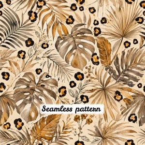 Peut inclure: Un motif sans couture sur fond beige avec des feuilles de palmier et de monstera dans des tons marron et beige, ainsi que des taches de léopard noires et dorées. Le texte "Seamless pattern" est imprimé en noir au centre du motif.