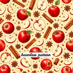 Pode incluir: Um padrão contínuo sobre um fundo creme claro com ilustrações de maçãs vermelhas inteiras com folhas verdes, fatias de maçã, paus de canela castanhos e anis estrelado. O texto Seamless pattern está impresso a preto no centro.