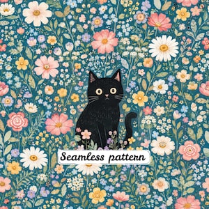 May include: A black cat sits centered amidst a dense floral pattern featuring white, pink, yellow, and blue wildflowers on a dark teal background. A white rectangular label with black text reads Seamless pattern across the lower section.