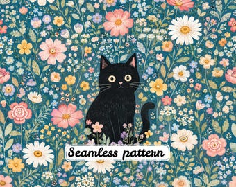 Patrón sin costuras JPG de gato negro en pradera de flores silvestres, tela floral caprichosa con diseño de gato, estampado de jardín estilo cottagecore