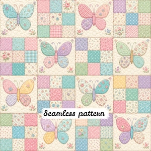 May include: A patchwork quilt fabric design featuring a repeating grid of squares with floral, polka dot, and gingham prints in pastel pink, blue, green, and yellow. Appliqué-style butterflies are centred in alternating blocks. Text reads Seamless pattern.