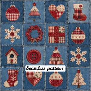 May include: A grid of square denim patches featuring various Christmas-themed fabric appliqués in red and white, including ornaments, trees, hearts, stockings, snowflakes, a wreath, and a birdhouse, with the text Seamless pattern centred.