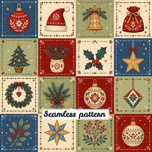 Op de afbeelding: Een naadloos patroon bestaande uit een raster van vierkante tegels met kerstillustraties, waaronder rode en witte kerstballen, een kerstmuts, een gouden bel, een cadeauzak, een kerstboom, hulst, een ster, een krans, dennentakken en bessen.