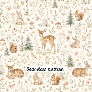 Pode incluir: Um padrão sem costuras com ilustrações em aguarela de crias de veado, coelhos, esquilos e pequenos pássaros entre bétulas, pinheiros, cogumelos e flores silvestres num fundo creme com o texto Seamless pattern.
