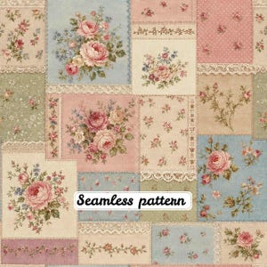 Puede incluir: Un diseño de tela de patchwork con varios cuadrados florales en tonos rosa, azul, verde y crema. El patrón incluye ramos de rosas, pequeñas flores y lunares, separados por bordes de encaje blanco. El texto dice Seamless pattern.