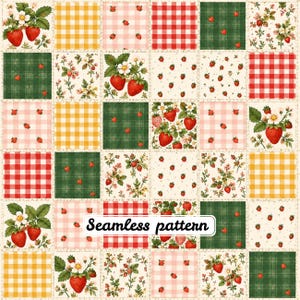Peut inclure: Un motif sans couture composé d'une grille de carrés avec divers designs incluant des fraises rouges, des fleurs de fraisier blanches, des feuilles vertes, du vichy rouge et blanc, jaune, rose et des fonds à carreaux vert foncé.
