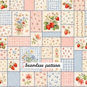 May include: A patchwork fabric design featuring a repeating grid of rectangular blocks with various patterns including strawberries, floral bouquets, pink gingham, blue plaid, and white polka dots on a cream background with the text Seamless pattern.