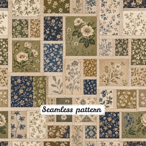 May include: A seamless pattern featuring a grid of rectangular blocks filled with various floral designs in shades of navy blue, olive green, and cream. The blocks are separated by light beige lines, and the text Seamless pattern is centered.