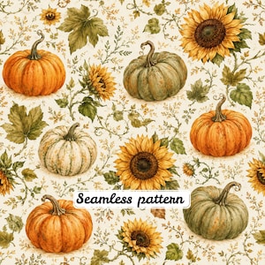Peut inclure: Un motif répétitif composé de citrouilles orange, vertes et blanches entremêlées de tournesols jaunes, de feuilles vertes et de fines tiges sur un fond crème. Le texte Seamless pattern est centré dans l'image.
