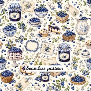 May include: A seamless pattern featuring illustrations of blueberries, blueberry jam jars with checkered lids, blueberry cakes, muffins, pies, and pitchers on a cream background. The design includes decorative tags and floral sprigs.