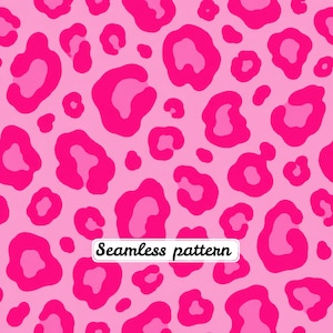 Puede incluir: Un patrón sin costuras que presenta un diseño de leopardo repetitivo con manchas de color rosa intenso sobre un fondo rosa claro. El texto "Seamless pattern" está impreso en una fuente cursiva negra dentro de un recuadro blanco centrado.