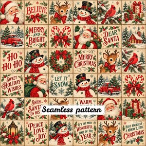 May include: A grid-style fabric pattern featuring Christmas illustrations including Santa Claus, reindeer, snowmen, red cardinals, candy canes, pine trees, gift boxes, and lanterns, with festive text phrases like Merry Christmas and Let It Snow.