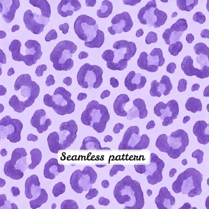 May include: A seamless pattern featuring a repeating leopard print design in shades of purple. The background is a light lavender, while the animal spots are a darker, saturated violet with a watercolor texture. The text Seamless pattern is visible.
