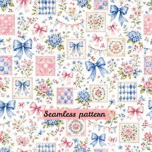 Shabby Chic Patchwork Seamless Pattern JPG | Blue Pink Floral Quilt Blocks Repeat | Fabric Wallpaper Design