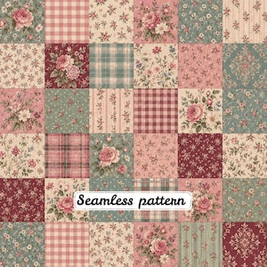 May include: A patchwork fabric design featuring a grid of squares with various floral prints, plaid patterns, and striped motifs in shades of pink, burgundy, and sage green. The text "Seamless pattern" is printed in black on a white rectangular label.