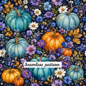 Könnte beinhalten: Ein nahtloses Muster mit türkisfarbenen und orangefarbenen Kürbissen, durchsetzt mit weißen Gänseblümchen, violetten Kosmeen und blauen Kornblumen auf dunkelblauem Grund. Der Text "Seamless pattern" steht in Schwarz auf einem weißen Etikett.