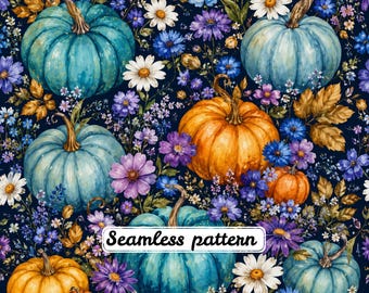 Patrón floral sin costuras de calabazas azules, tela de cosecha otoñal en acuarela, flores otoñales de estilo cottagecore vintage, papel digital azul marino JPG