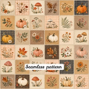 Pode incluir: Um design de tecido patchwork com uma grade repetitiva de quadrados com ilustrações de abóboras, cogumelos, folhas de outono e flores silvestres em tons de laranja, castanho e creme. O texto Seamless pattern está centrado.