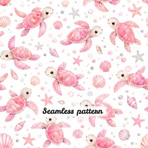 May include: A seamless pattern featuring watercolor illustrations of pink sea turtles, various seashells, and starfish on a white background. The text Seamless pattern is printed in black in the center of the design, surrounded by aquatic elements.