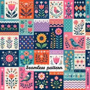 Scandinavian Folk Art Patchwork Seamless Pattern, Nordic Floral Quilt Digital Paper, Colorful Folk Flowers & Birds Fabric Print, Retro JPG