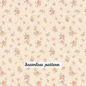 May include: A seamless pattern featuring small pink roses and tiny blue flowers scattered across a light beige background with a subtle speckled texture. The text Seamless pattern is printed in black on a white rectangular label in the center.