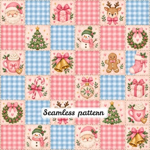 Può includere: Un motivo senza cuciture con una griglia di quadrati a quadretti blu chiaro e rosa che si alternano a quadrati con illustrazioni natalizie tra cui Babbo Natale, renne, pupazzi di neve, regali, ghirlande, campane e tazze di cacao.