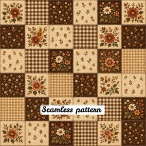 Pode incluir: Um padrão sem costuras com uma grelha de azulejos quadrados em tons de castanho, creme e bege. Os azulejos alternam entre arranjos florais com flores vermelhas e brancas, pequenas estampas de flores dispersas e padrões de xadrez vichy.