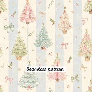 May include: A seamless pattern featuring watercolor illustrations of Christmas trees in shades of pink, green, and cream, decorated with bows and stars, set against a background of vertical light blue and cream stripes with the text Seamless pattern.