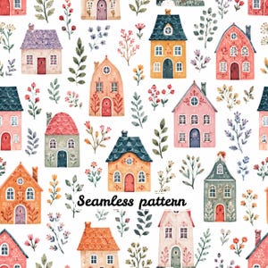 May include: A seamless pattern featuring watercolor illustrations of various houses in shades of pink, orange, yellow, and blue, interspersed with botanical elements like leafy branches and small flowers on a white background with the text Seamless pattern.