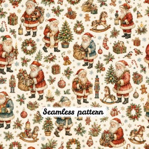 Vintage kerstman naadloos patroon JPG, retro kerstman speelgoed cadeaus kerstbomen, landelijk digitaal papier