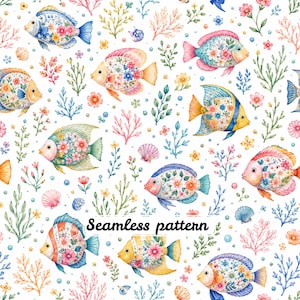 Pode incluir: Um padrão contínuo com ilustrações em aguarela de vários peixes com desenhos florais nos corpos, intercalados com corais, algas, conchas e pequenas flores sobre um fundo branco. O texto Seamless pattern é visível.