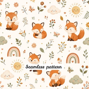 Cute Woodland Fox Seamless Pattern JPG, Boho Forest Nursery Digital Paper, Baby Fox Rainbow Fabric Print, Whimsical Woodland Animals